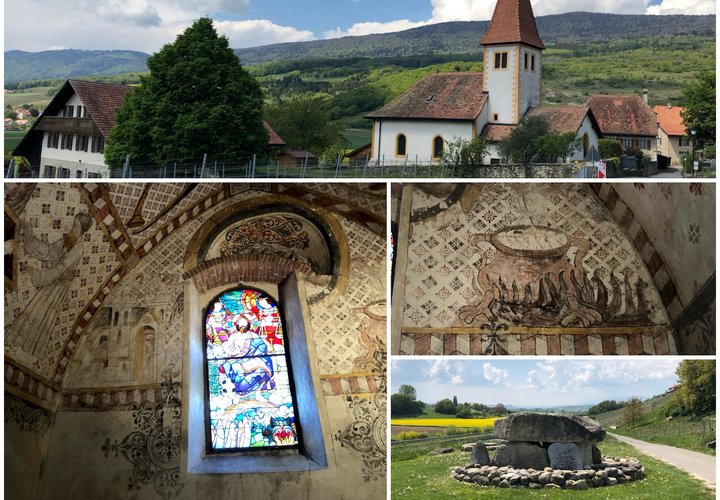 Onnens, son chœur gothique, ses décors peints du XVe s. (enfer et paradis) et son dolmen